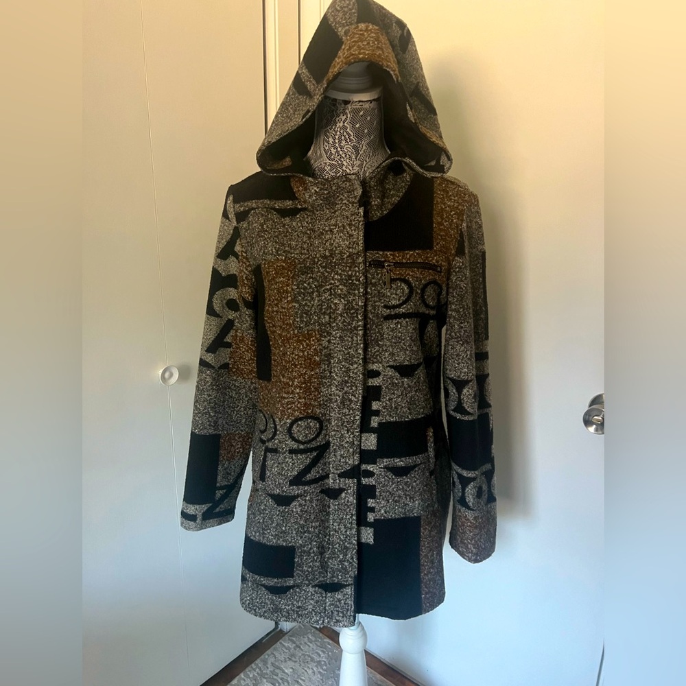 Baciano Hooded Knit Coat Jacket • Abstract Patchwork • Size Small